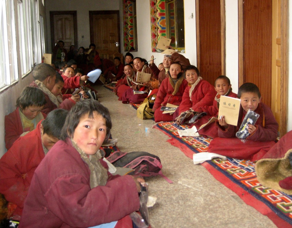 Novice monks during study hall at Surmang Shedra